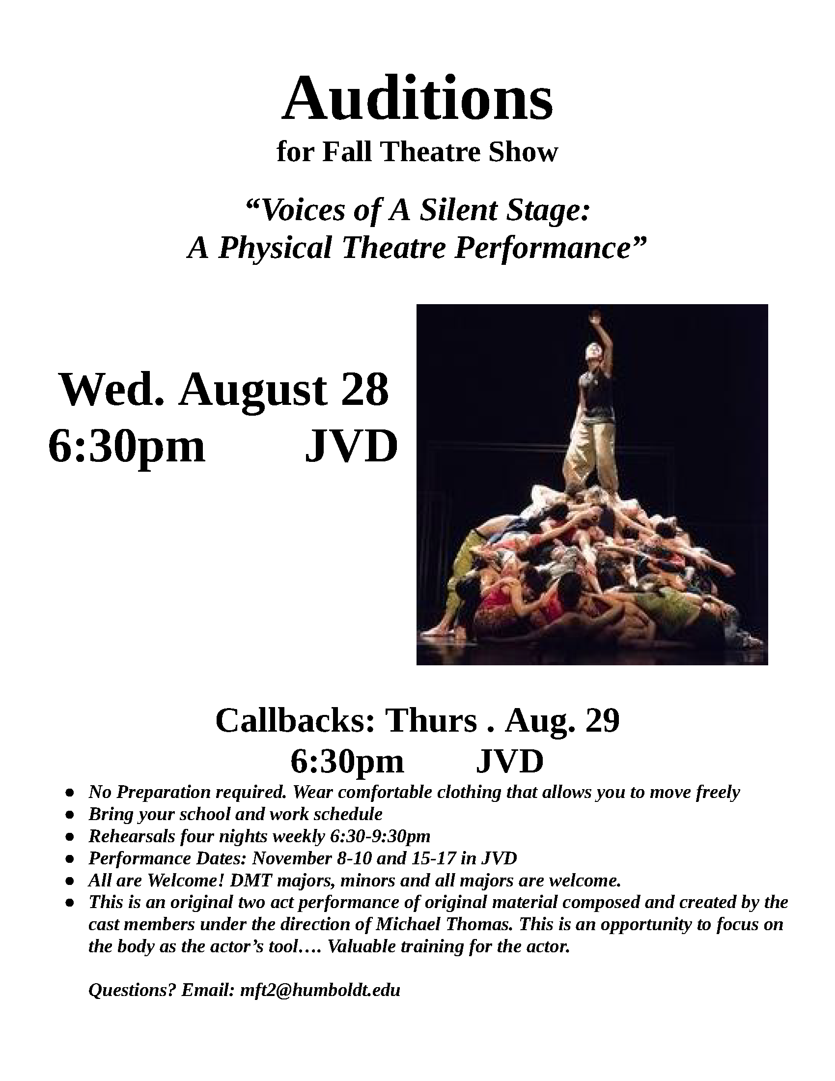 Auditions for Fall Theatre Show - "Voices of a Silent Stage: A Physical Theatre Performance" Wednesday August 28 - 6:30pm in the Van Duzer Theatre